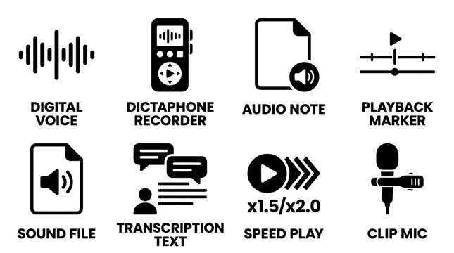 Set of eight black and white icons representing digital audio recording and voice transcription with recording dictaphone transcription playback microphone software communication technology