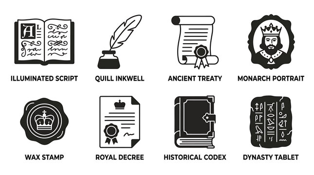 Antique literacy and royal icons featuring illuminated script quill inkwell ancient treaty monarch portrait wax stamp royal decree historical codex dynasty tablet literacy document manuscript