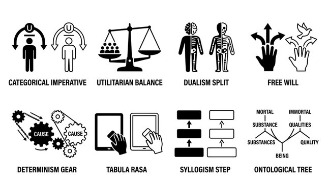Set of eight logic and philosophical theory diagrams as icons with philosophy diagrams categorical utilitarian freewill determinism syllogism ontology collection rational abstract decision
