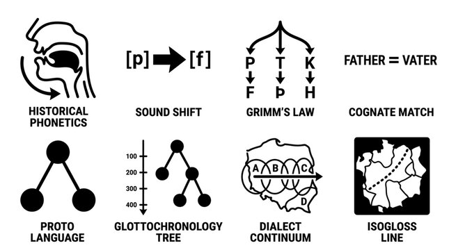 Set of eight historical linguistics and sound shift concept icons with linguistics phonetics language evolution diachronic etymology research academic branching dialects geography phonology