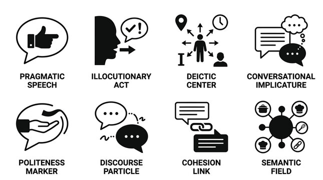 Set of eight pragmatic and discourse analysis linguistic concept icons with linguistics pragmatics discourse communication analysis interaction dialogue conversational semantics cohesion