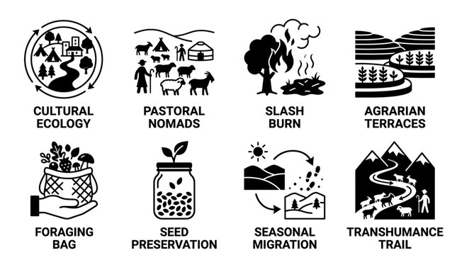 Icons of human cultural ecology and traditional land management systems including migration and agriculture with pastoral agriculture foraging migration transhumance environment management