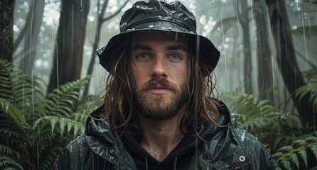 Obraz premium Man in Raincoat and Hat Standing in Rainy Forest Forest Landscape