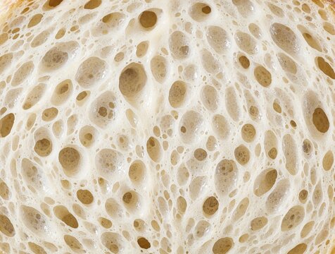 Macro shot of bread crumb texture shows uneven air bubbles and porous surface. Creamy pale color with irregular shapes creates abstract background for culinary and food themes.