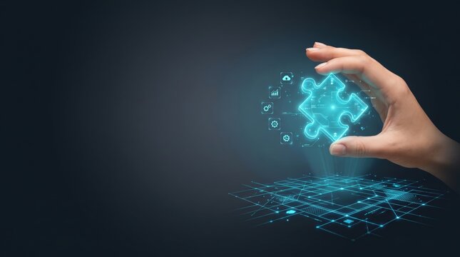 Hand holding a glowing digital puzzle piece with technology icons and network grid