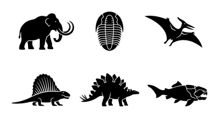 Ancient Life Icons: Mammoth, Trilobite, Pterodactyl, Dimetrodon, Stegosaurus, Dunkleosteus © Robin