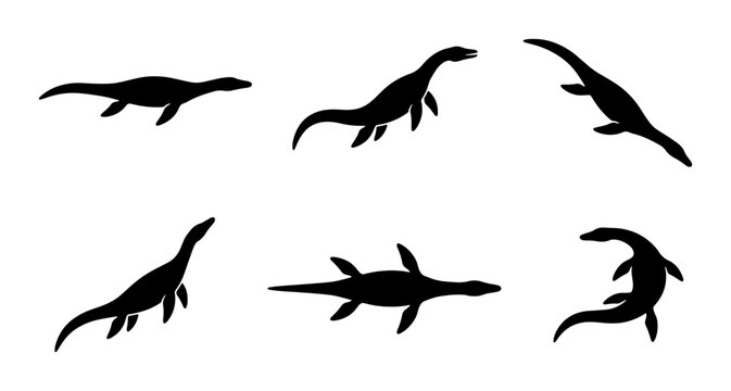 Prehistoric Marine Reptile Silhouettes, Plesiosaur Vector Icons, Ancient Sea Creatures Collection