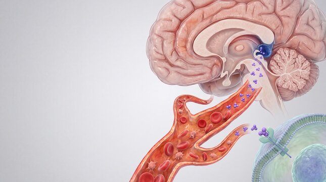 Medical Illustration of Blood Flow to the Brain and Blood-Brain Barrier