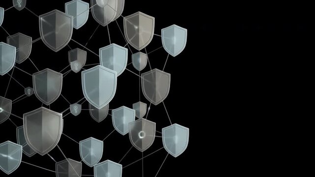 A network of interconnected shield icons, symbolizing data security and protection, forms an abstract digital pattern against a dark background.