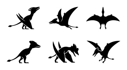 Pterodactyl Silhouettes, Flying Dinosaur Icons, Prehistoric Reptile Vector Set © Robin