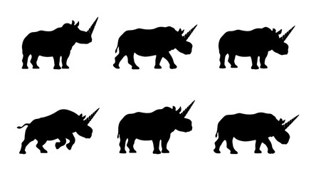 Obraz premium Rhino Silhouette Icons, Wildlife Animal Vector Graphics, African Safari Mammal Set