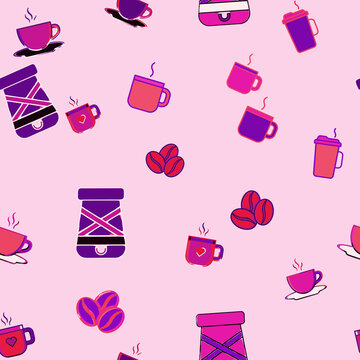 Seamless pattern of coffee cups and beans
