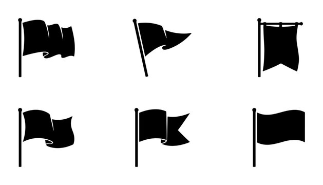 Set of 6 Black Flag Icons, Vector Silhouettes for Navigation and Branding