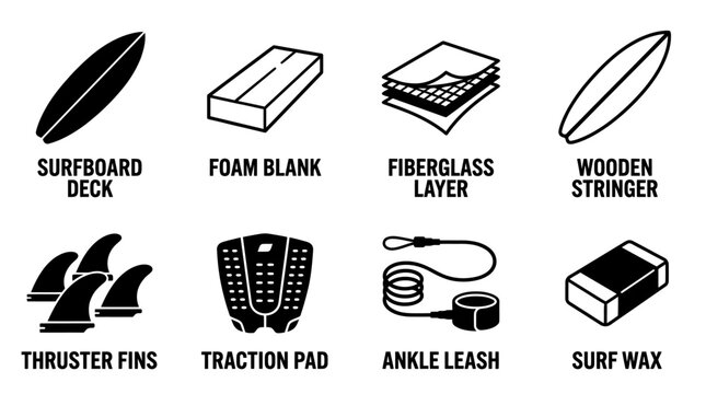 Set of surfboard components and accessories icons including foam blank fiberglass fins leash with surfboard equipment accessories fiberglass stringer thruster traction recreation materials
