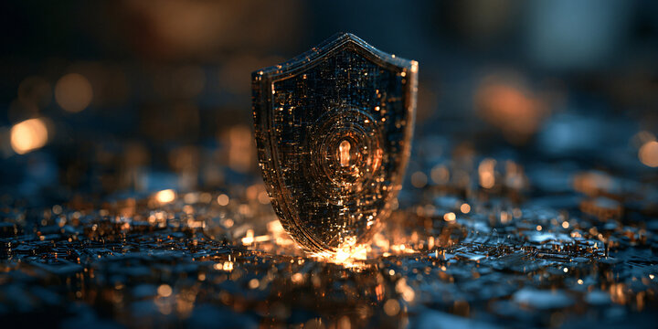 Next-generation cyber defense shield glowing on digital circuit background