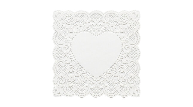 Ornate square paper doily featuring an elegant embossed heart center design with intricate filigree lace border details on transparent background