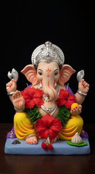 Hindu deity Lord Ganesha idol decorated with red flowers and silver crown on black background