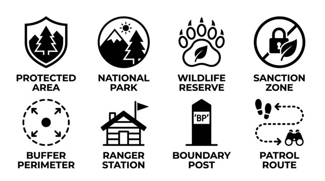 Set of eight environmental and geographical icons representing protected nature areas and park management with protected wildlife boundary geography environment conservation forestry location