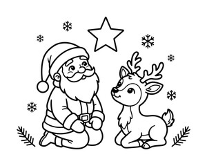 Naklejka premium Cute outlined santa and reindeer sleigh vector design for festive holiday coloring book page illustration