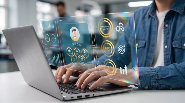 Professional using laptop with futuristic holographic interface for human resources talent management and employee growth analytics, featuring data visualization for recruitment technology.