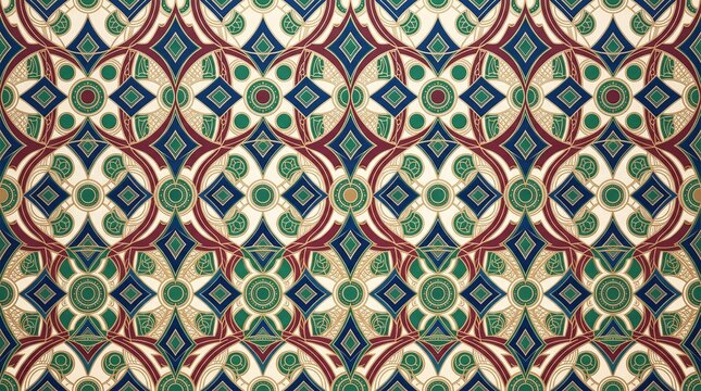 Ornate geometric mosaic pattern with interlocking diamonds and colorful floral medallions geometric medallion colorful