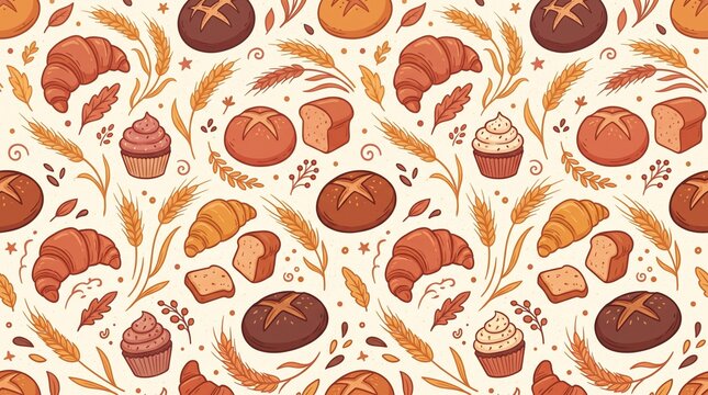 Seamless pattern featuring hand drawn bakery items like bread loaves wheat stalks and pastries seamless croissant