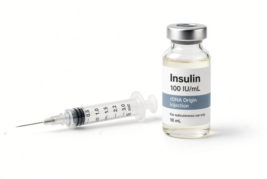 Medical insulin vial labeled 100 IU/mL with a sterile syringe isolated on a clean white background