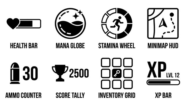 Set of black and white game interface hud element icons with interface inventory experience navigation collection progress information interactive