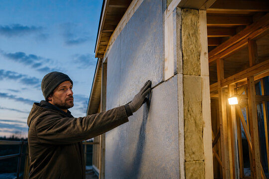 Construction worker inspecting an insulated modular wall panel on a wooden frame house at dusk