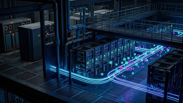 AI agents racing through gpu racks beside legacy mainframes in a data center cutaway with neon transfer conduits and industrial piping