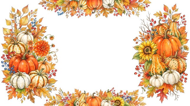 Watercolor autumn harvest frame with pumpkins, sunflowers, and fall leaves
