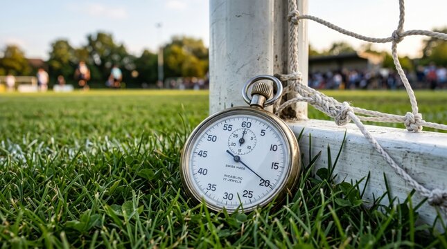 Vintage Silver Stopwatch on Green Grass Field Near Goal Post Net During Soccer Match Countdown Day