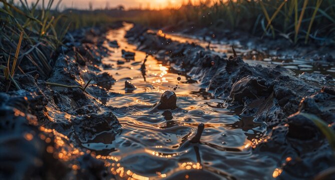 Muddy tracks in wetland marsh at sunset with golden water reflections