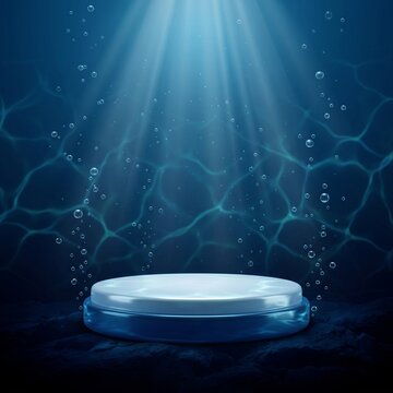 Pixel art underwater podium with rising air bubbles and light rays coming from the surface for game product display or character showcase