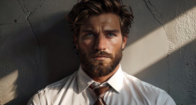 Handsome bearded man in white shirt with dramatic shadows.