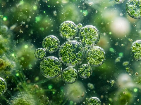 Microscopic view of green algae cells suspended in liquid with oxygen bubbles.