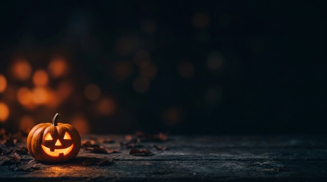 Dark minimal halloween background with subtle warm bokeh lights and dark rustic texture with copy space