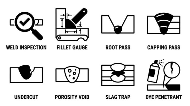 Set of engineering icons for metal welding inspection and defects analysis with inspection analysis engineering industry porosity undercut penetrant manufacturing construction technology