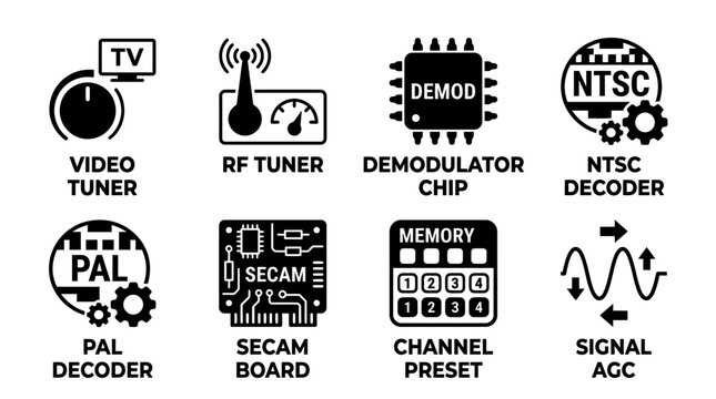 Set of signal processing and tv tuner component icons with processing decoding electronics broadcast television hardware components demodulator engineering technology transmission frequency