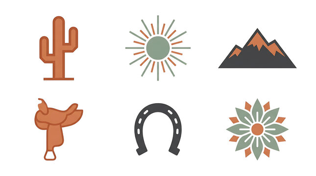 Set of western desert icons with cactus and mountain Vector