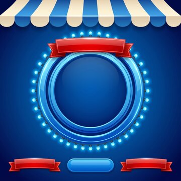 Cartoon game user interface circular frame with red ribbons and striped awning for mobile video game design assets