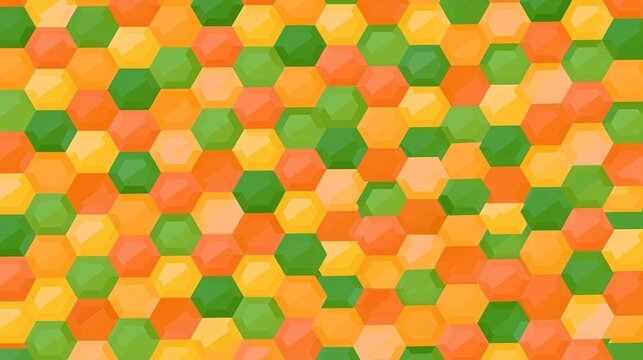 Colorful honeycomb pattern of orange, yellow and green hexagons creating a vibrant geometric background