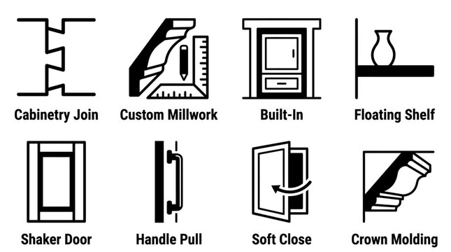 Set of eight carpentry and cabinet construction icons featuring millwork and woodworking details carpentry cabinetry woodworking millwork construction interior renovation furniture hardware