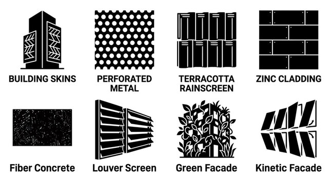 Collection of modern building facade materials and exterior wall cladding systems with architecture building cladding construction materials exterior concrete perforated terracotta rainscreen
