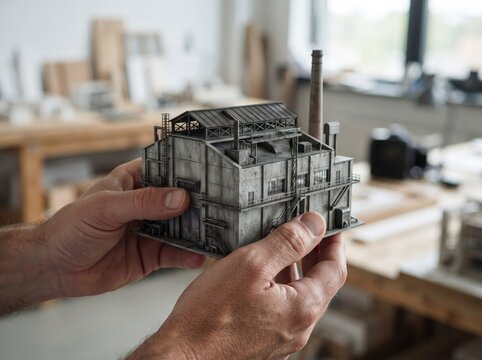 Close up of male artisan hands holding a highly detailed miniature scale model of an old industrial factory building with a smokestack in a craft workshop.