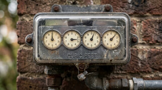 A close up of an old metal water meter mounted on a weathered brick wall outside a building, showing four circular dials with numbers and a clear protective plastic cover