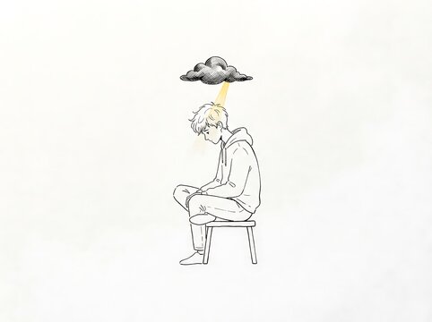 A line art illustration of a lonely boy sitting on a chair under a dark rain cloud.