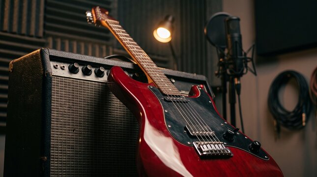 Electric guitar leaning against black amplifier in professional music recording studio with microphone stand and warm mood lighting ambient glow