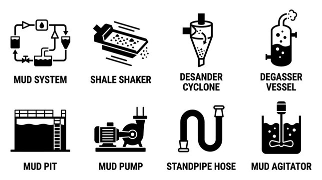 Collection of oil drilling mud system components and separation equipment icons with desander degasser standpipe agitator drilling oilfield separation petroleum industry machinery industrial