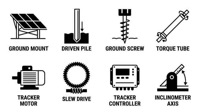 Solar tracking system mechanical parts and ground mounting hardware icons with inclinometer controller mechanical tracking photovoltaic equipment hardware engineering construction technical